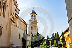 Architectural details of cathedral. View of church in Alba Iulia, Romania, 2021