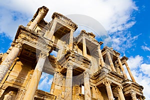 Architectural details of Celsus Library facade in Ephesus, Turkey