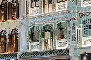 Architectural details of colorful facade of the building in Singapore