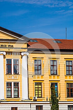 Architectural details, facade of the building of the 1 Decembrie 1918 University, Alba Iulia, Romania, 2021