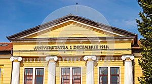 Architectural details, facade of the building of the 1 Decembrie 1918 University, Alba Iulia, Romania, 2021