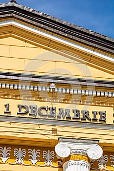 Architectural details, facade of the building of the 1 Decembrie 1918 University, Alba Iulia, Romania, 2021