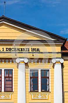 Architectural details, facade of the building of the 1 Decembrie 1918 University, Alba Iulia, Romania, 2021