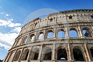 Architectural details of the facade of the Colosseum Coliseum or Flavian Amphitheatre, ancient Roman amphitheater Rome, Italy