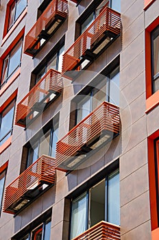 Architectural details on the facade of a modern residential building