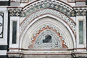 Architectural details of Giotto`s bell tower in Florence, Italy