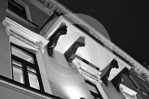 Architectural details of a historic building with lighting