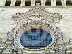 Architectural details of the medieval facade of the Saint Mary cathedral of the Gerona city