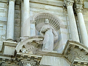 Architectural details of the medieval facade of the Saint Mary cathedral of the Gerona city