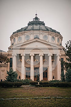 Architectural details of the Romanian Athenaeum in Bucharest, Romania