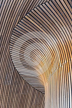 Architectural details of Welsh Assembly building. Wooden planks