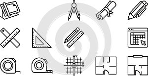 Architectural and drafting tools icons set for construction and engineering projects