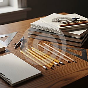 Architectural Drafting Tools and Notebooks on Wooden Desk