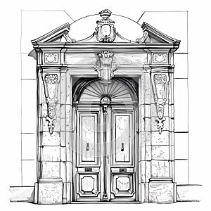 Architectural drawing of a historical portal. Ink drawing. Europe around 1900. Created with AI