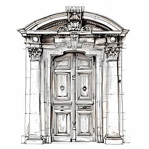 Architectural drawing of a historical portal. Ink drawing. Europe around 1900. Created with AI