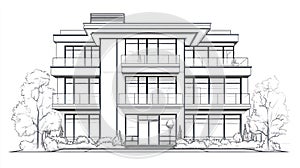 Modern Residential Building Facade Sketch, Luxury Home Design Blueprint