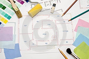 Architectural drawing with paintbrush, color sample