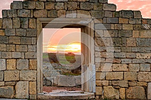 Architectural element of ancient Chersonese at sunset near the B