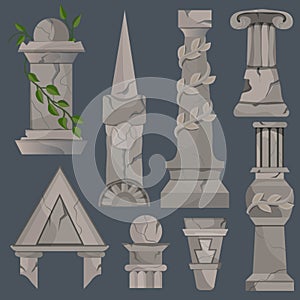Architectural elements. Antique columns with ivy. Ancient classical stone Roman or Greek architecture. Gravestones. Different