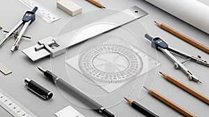 Architectural and Engineering Drafting Tools on Grey Background