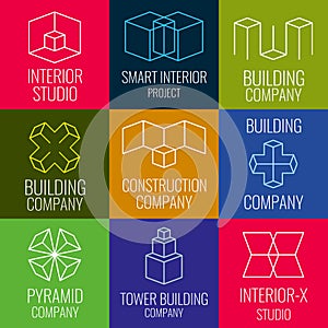 Architectural firm, interior design studios, construction company line vector logos with 3D isometric cubes structure