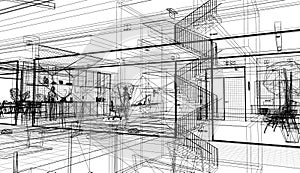 Architectural floor perspective wireframe design illustration