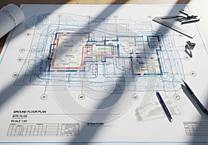 Architectural floor plan blueprint with tools for construction project planning and design