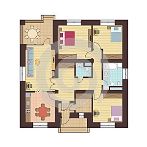 Architectural floor plan of a house. Drawing of the cottage with furniture arrangement. One-storey building. Vector illustration