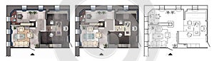 Architectural floor plan of interior working cabinet with furniture, modern office, in top view.