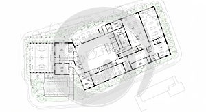 Architectural floor plan of a rectangular building complex featuring multiple rooms