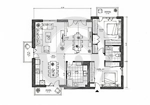 Architectural floor plan of a single-level residential space. Includes a
