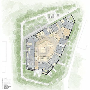Architectural floor plan of a triangular building surrounded by trees
