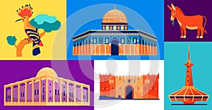 Architectural heritage of Israel - set of flat design style illustrations