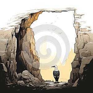 Architectural Illustration Of Seagulls Sitting On Rocks In A Cave
