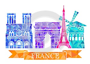 Architectural landmarks of Paris in polygonal style. Eiffel tower, arc de Triomphe, Notre Dame Cathedral, Montmartre.