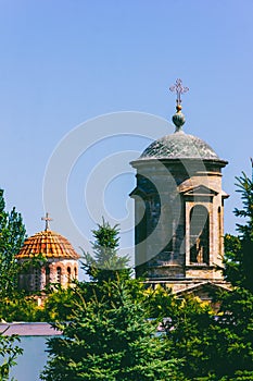 Architectural landscape with towers and domes of an ancient Byzantine church in Kerch.