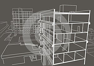 Architectural linear sketch multistory apartment building. Sectional drawing gray background