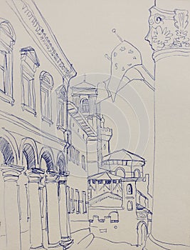 Architectural lineart sketch in Bologna, Italy, via Zamboni view photo