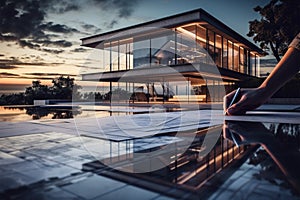 Architectural magnificence harmonizes with waters mirrored sunset, creating a stunning landscape image