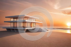 Architectural Marvel: A Strikingly Futuristic Residence with Panoramic Views of a Serene Pristine Beach with Generative AI