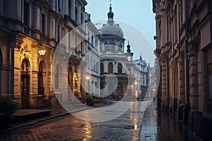 Architectural marvels of Lviv Ukrainian city with cobblestone streets. Generative AI