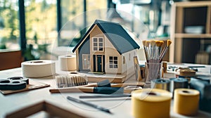 architectural model of house on desk with drawing equipment tools and blueprint rolls, for building construction Generative AI photo