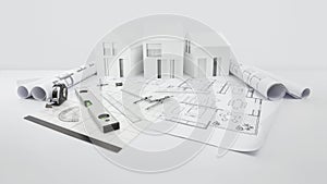 Architectural model of houses on blueprint with measurement and drawing technical tools, desk for building construction plan,