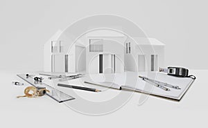 Architectural model of houses on desk with technical drawing tools, isolated on white background, desk top for building