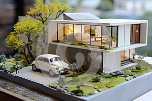 Architectural model of a modern house with miniature car and landscaping. Macro photography of a scale model home with