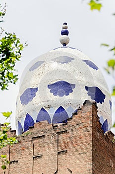 Architectural mosaic detail in shape of egg on building in Madrid