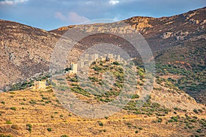 Architectural and old historical towers dominating the area at the famous Vathia village in the Laconian Mani peninsula. Laconia,