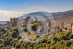 Architectural and old historical towers dominating the area at the famous Vathia village in the Laconian Mani peninsula. Laconia,