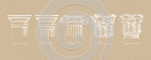 Architectural orders. 5 types of classical capitals - tuscan, doric, ionic, corinthian and composite