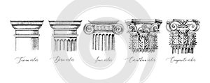 Architectural orders. 5 types of classical capitals - tuscan, doric, ionic, corinthian and composite